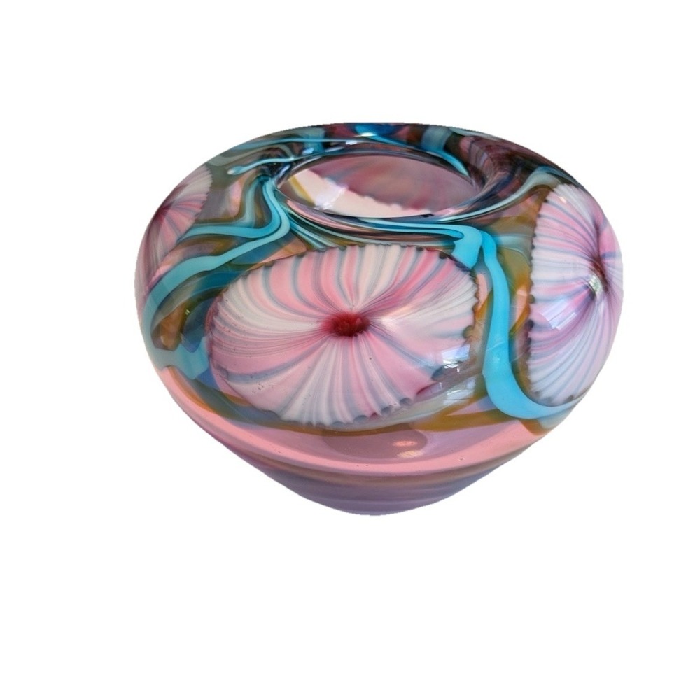 David R Boutin Signed Art Nouveau Studio Art Glass Bowl Pink Teal